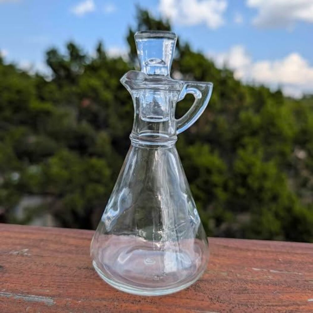 Vintage MCM Clear Glass Oil & Vinegar Cruet Bottle w Stopper Broadway